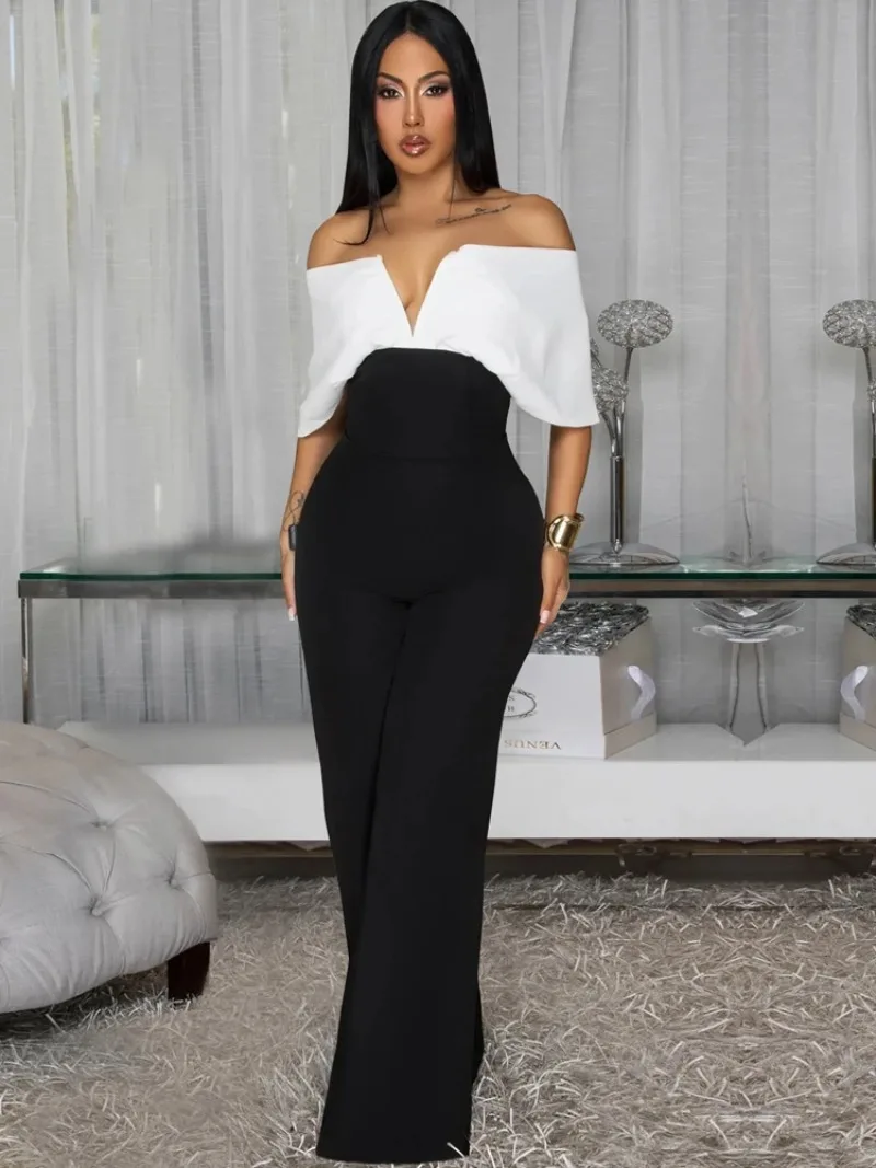 

Women's Off The Shoulder Color-Block Back Zipper Wide Legs Jumpsuits One Piece Outfits Elegant Draped Rompers Clubwear