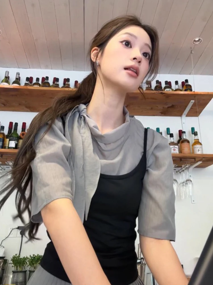 

Anti-Aging Fashionable Women's Short Sleeve Shirt with Belt Strap Stand Collar Summer Vest And Skirt Three-Piece Set