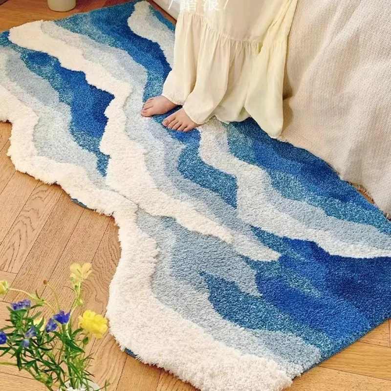 

Flocking Bedroom Special-Shaped Living Room Ins Wind Light Blue Wave Non-Slip And-Resistant Bedside Carpet Floor