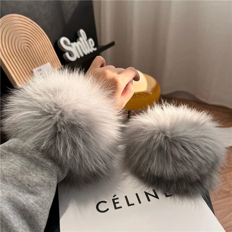 New Arrival Female Natural fox Fur Cuffs Knitted Warm Real Fox Fur Mittens Women Winter Outdoor fox Fur Cuffs