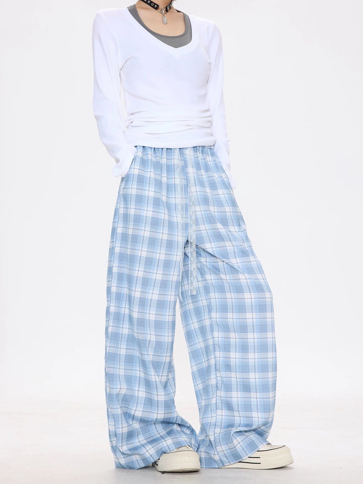 

Chen Zhanlao Store Design Sensation Plaid Workwear Wide Leg Pants Women's Loose Floor-Length Casual Trousers High Waist Zipper