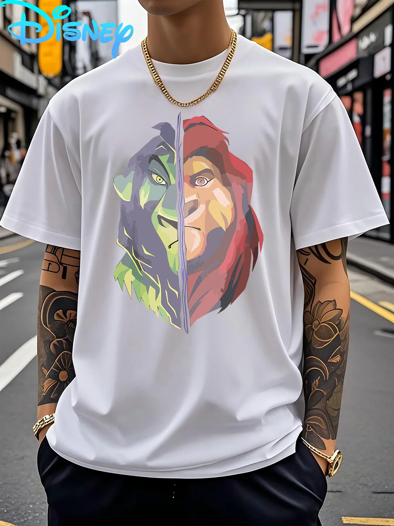 Camiseta Disney Rei Leão Simba, Estilo Casual, Oversized, Solta, Primavera Verão, Tops O-Neck para Homens e Mulheres, Camiseta de Algodão