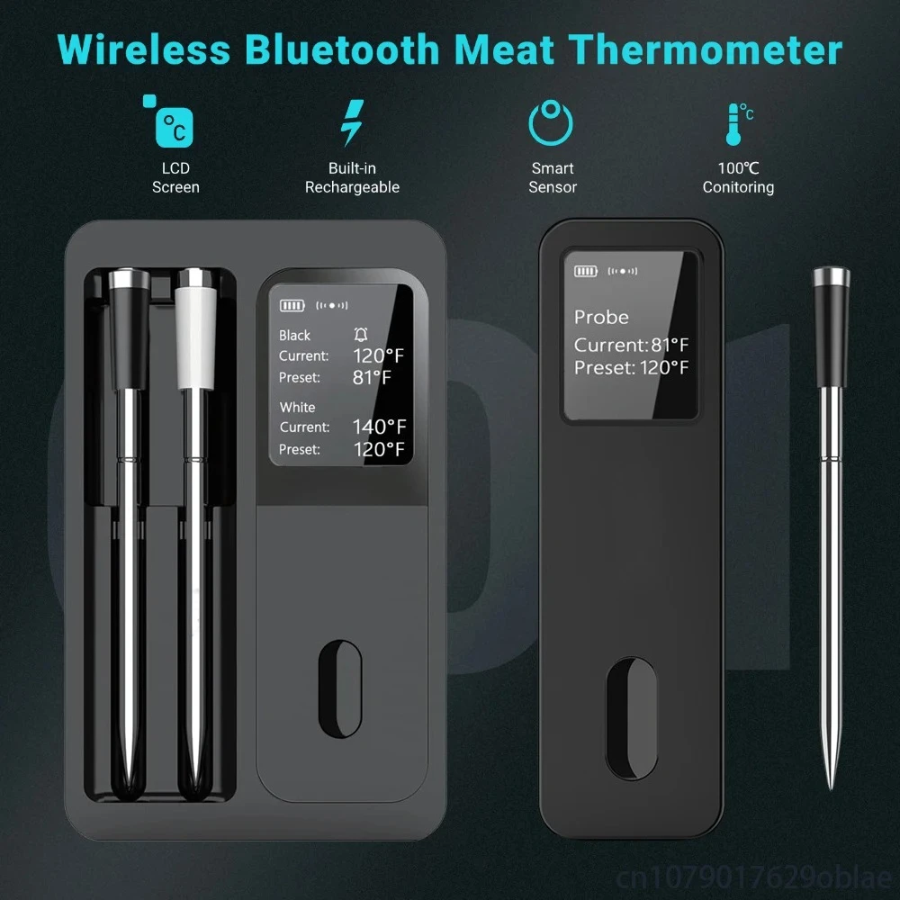 Wireless Bluetooth Meat Thermometer IP67 Waterproof Probes with LCD Screen Booster Rechargeable for Grilling Smoker BBQ Oven