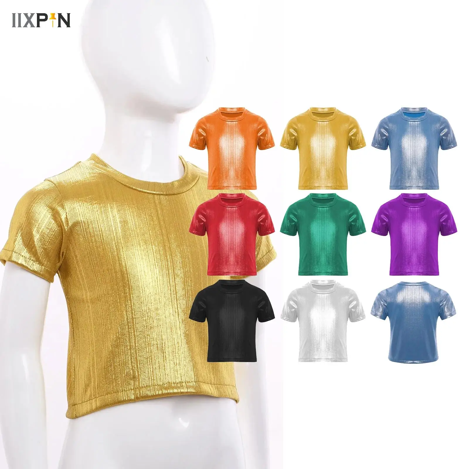 

Kids T-Shirt Boys Girl Shimmery Short Sleeve T-Shirt Children Jazz Dance Costume Top Performance Dancewear Hip Hop Clothes