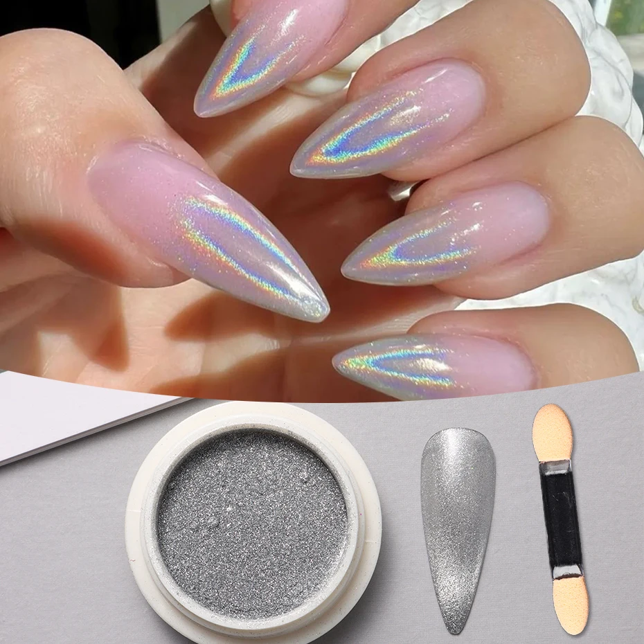 1 個のホログラフィックシルバーネイルパウダー - シルバーマジックミラーグリッターホログラフィックミラーとキャッツアイ効果ネイルラブダスト