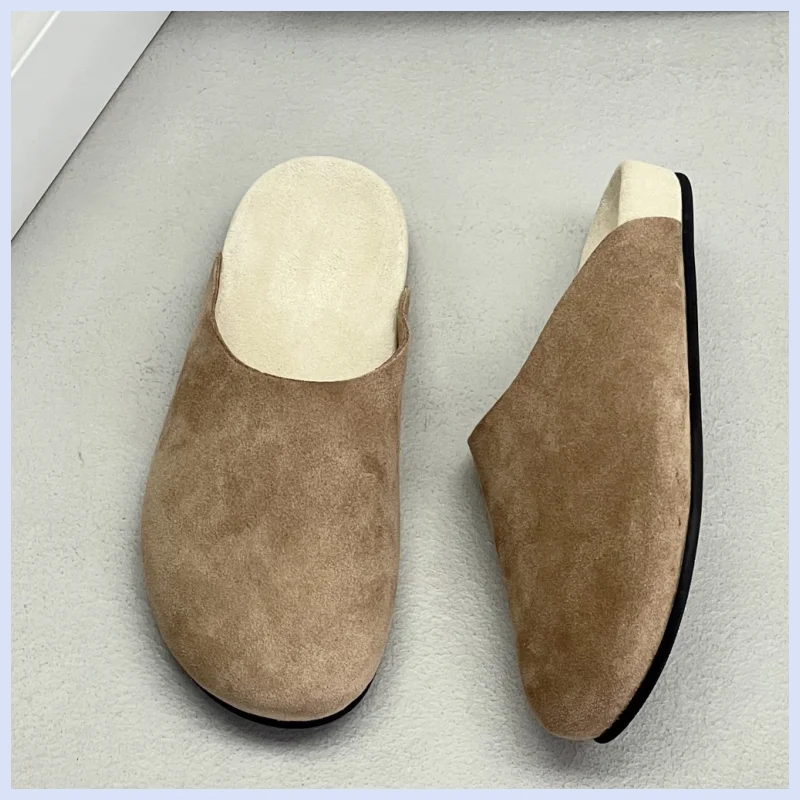 Ladies' retro suede leather thick soled toe, Boken lazy, one foot stomping Mueller slippers