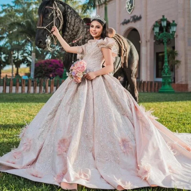 Shiny light pink Quinceanera Dress off-shoulder Lace glitter decal Long tail vestidos de 15 Quinceanera ﻿Customize