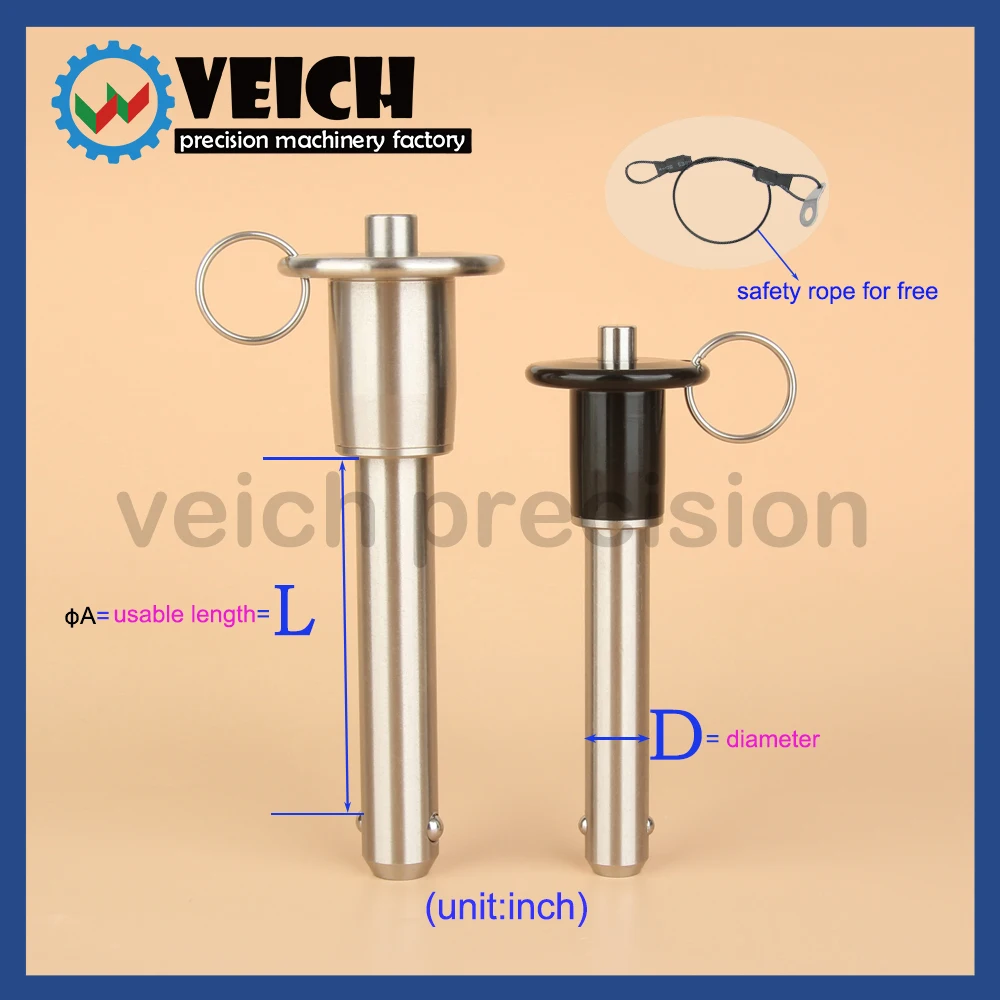 

VCN110-inch Dia 3/16"~1" Stainless Steel Ball Lock Pin With Free Safety Rope Button Quick Release Pin Usable Length0.5"~3.5"