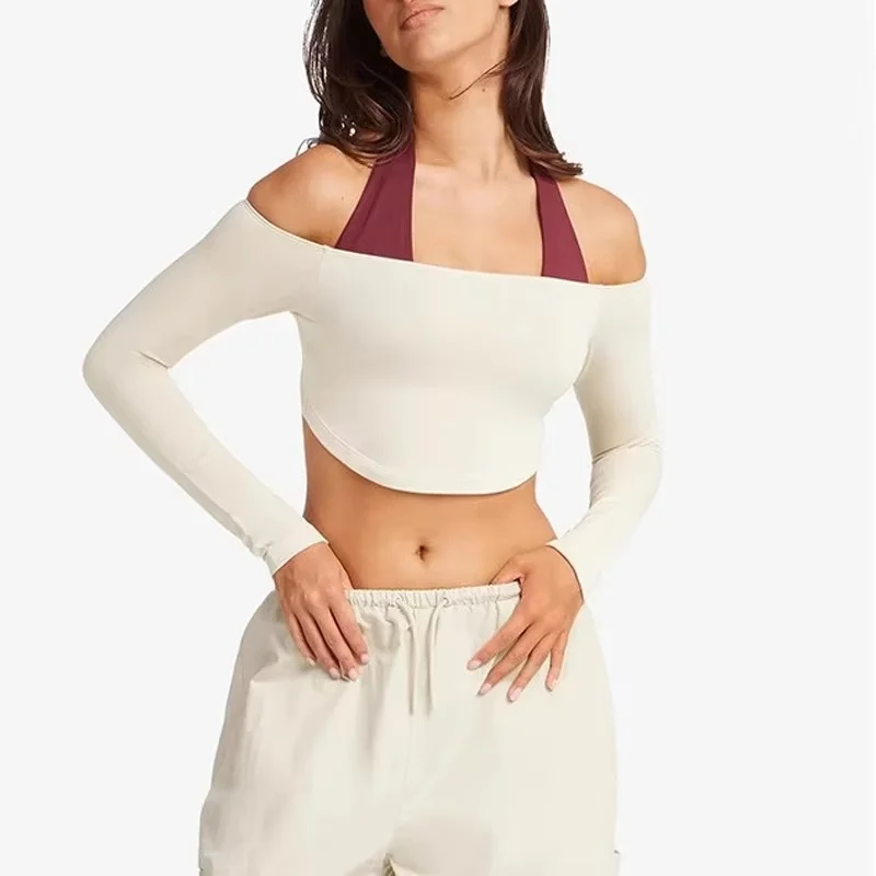 Off Shoulder Long Sleeve Top For Women Tight-fitting Sexy Outfits Stretchy Yoga Wear T Shirt Tracksuit Fitness Sportswear