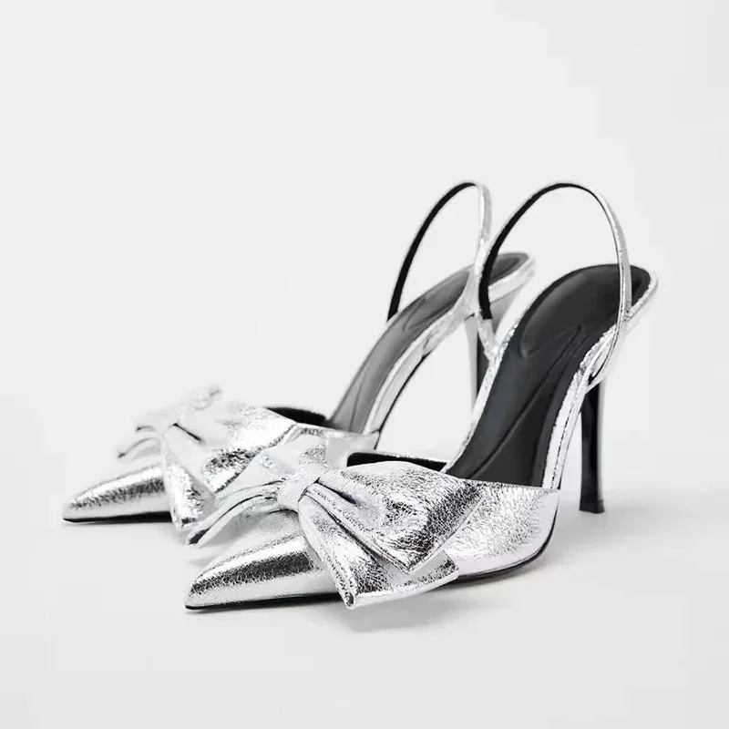 TRAF Woman Silvery Leather High Heels Sexy Pointed Toe Stiletto Shoes 2024 Autumn Female Elegant Office Slingback Pumps Heels