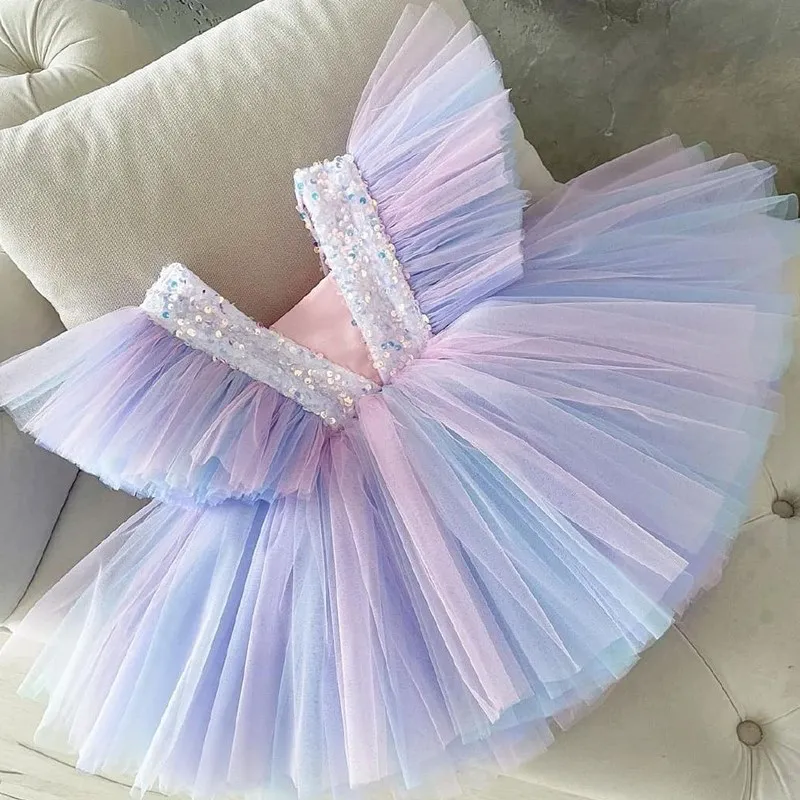 Flower Girl Dress for Wedding Sequined Elegant Birthday Party Prom Gown Princess Tulle Kids Vestidos Children New Year Clothing