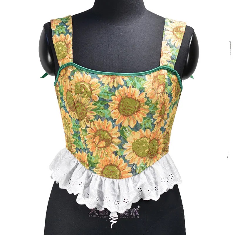 

Sunflower Camisole Floral Bustier Top Tapestry Renaissance Bodices Intricately Jacquard Vest Female Vintage Style Corset Top