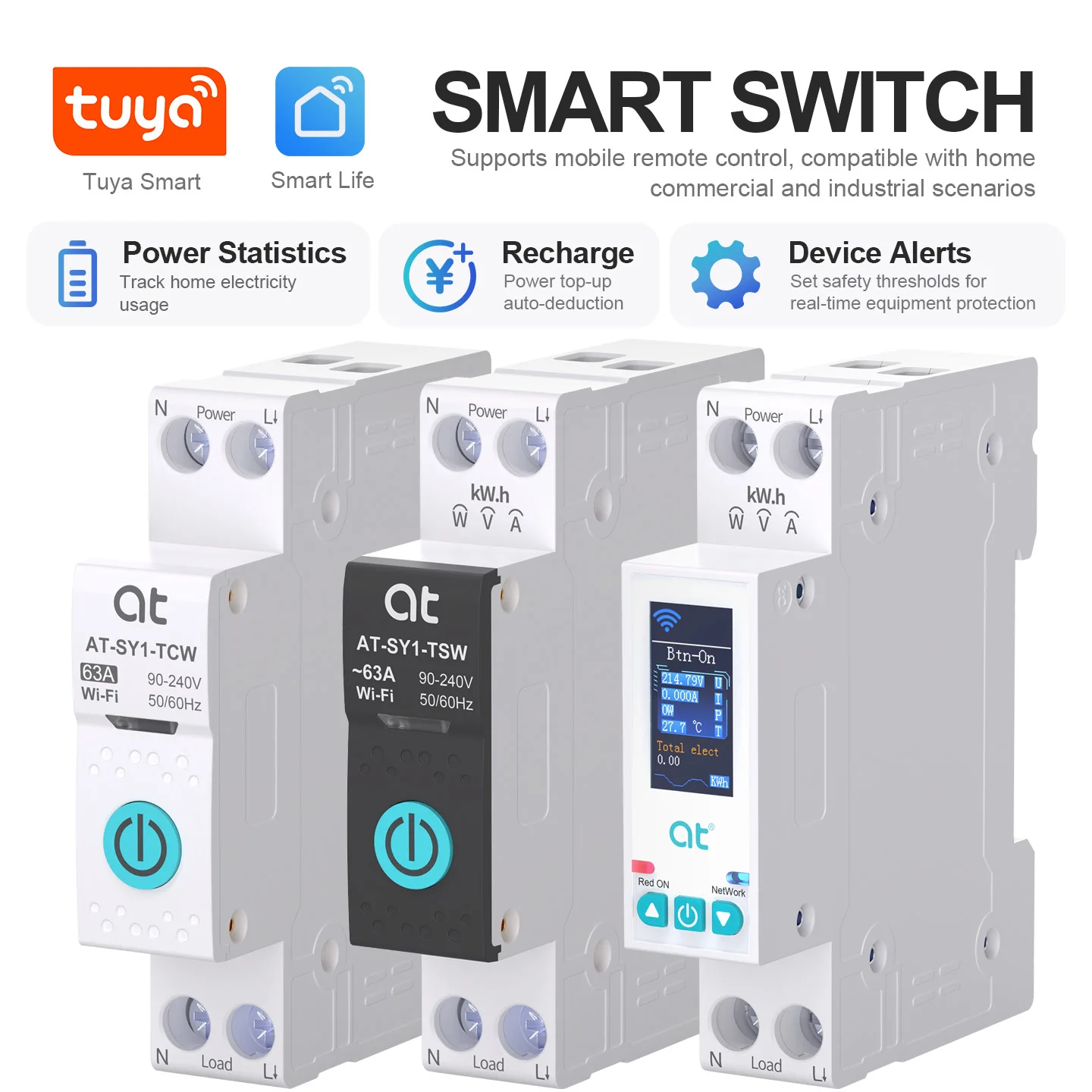 Tuya WiFi Smart Circuit Breaker with LED Display 1P 63A DIN Rail Intelligent Switch Wireless Remote Control of Smart Home