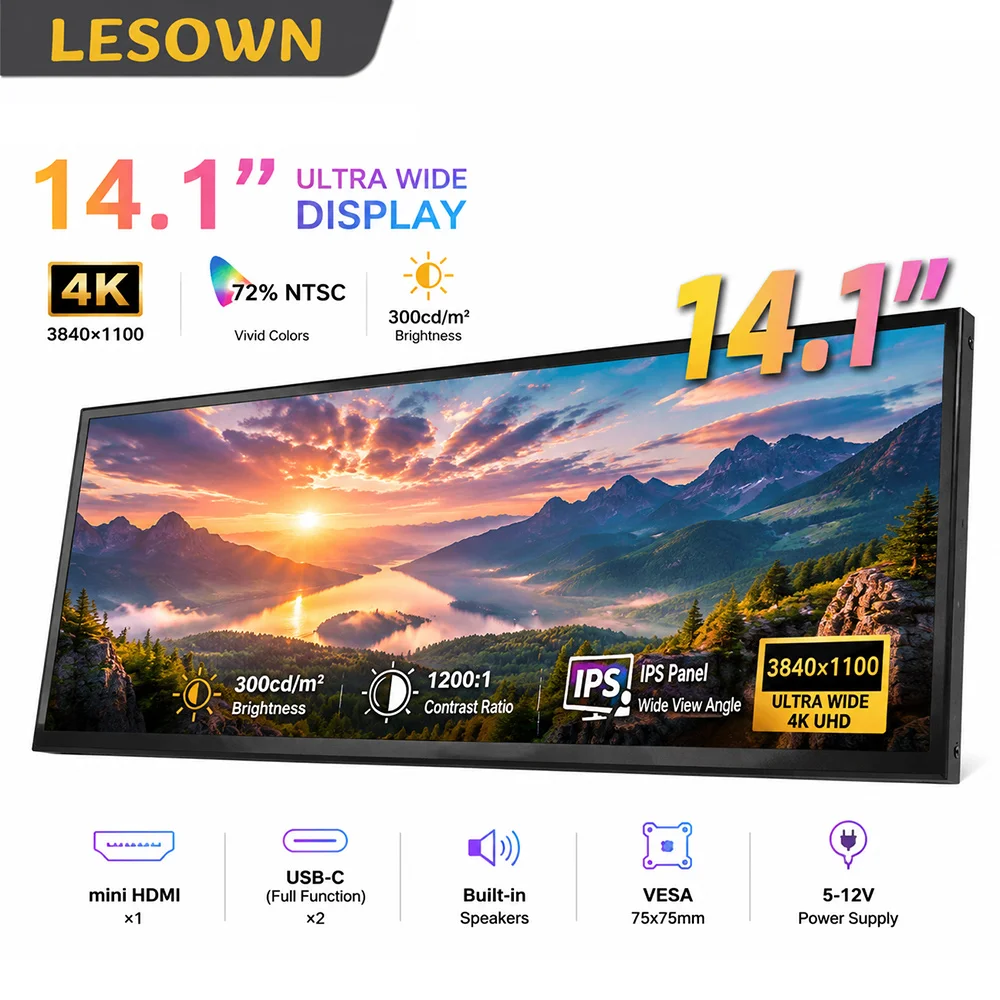 LESOWN 14.1 Inch Portable Monitor 3840x1100 Ultra-wide IPS Travel Screen Driver-free Display with Speakers for Laptop