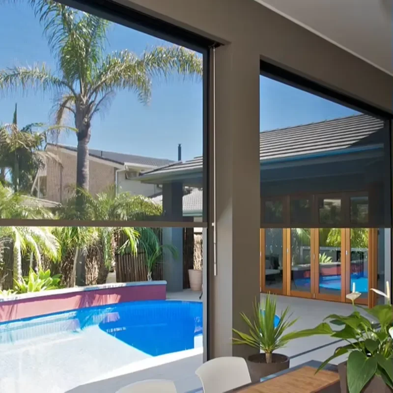 Customized Built-in Metal Outdoor Transparent Waterproof Zip Screen Electric Roller Blinds with Plain Technique