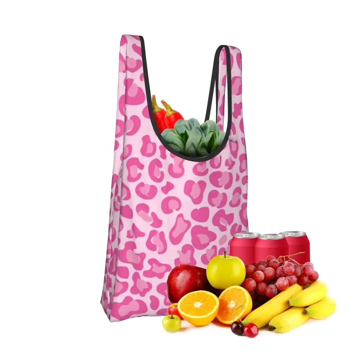 Pink Leopard Print Shopping Bag Portable Tote Bags Reusable Shoulder Shopper Bag Groceries Handbag
