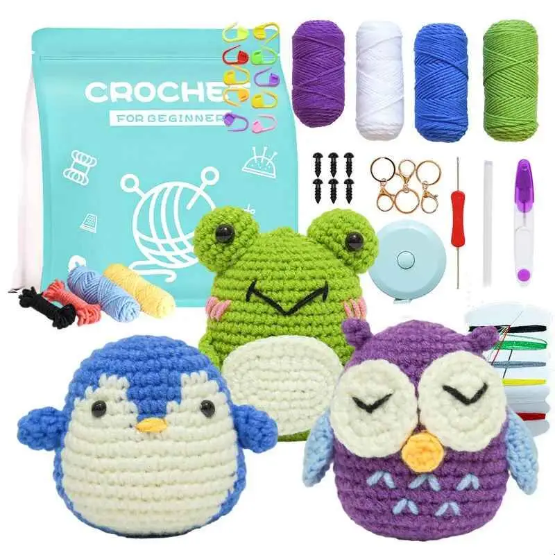 kit-de-crochet-complet-3-pieces-grenouille-hibou-pingouin-mignons-instructions-faciles-a-suivre-incluses-kit-de-bricolage