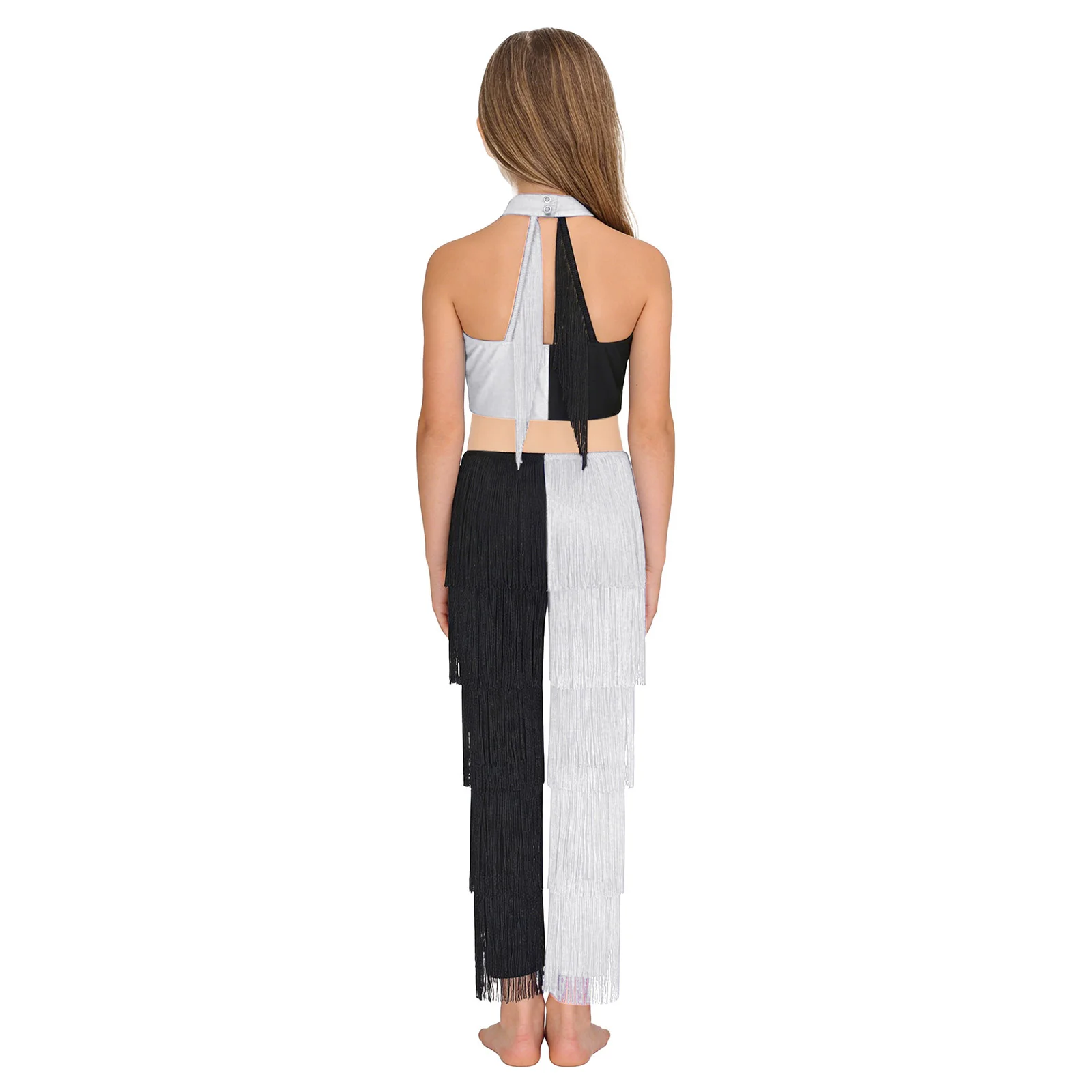 키즈 걸즈 라틴 디스코 댄스 점프수트 반짝이는 스팽글 태슬 컬러 블록 점프수트 홀터 슬리브리스 컷아웃 백 바디수트 댄스웨어