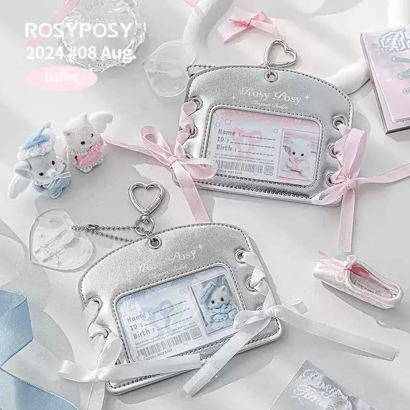 MINKYS Ins Kawaii 3 inch PU Ribbon Silver Photocard Holder Kpop Photocard Holder Photo Card Holder Bag Pendant School Stationery