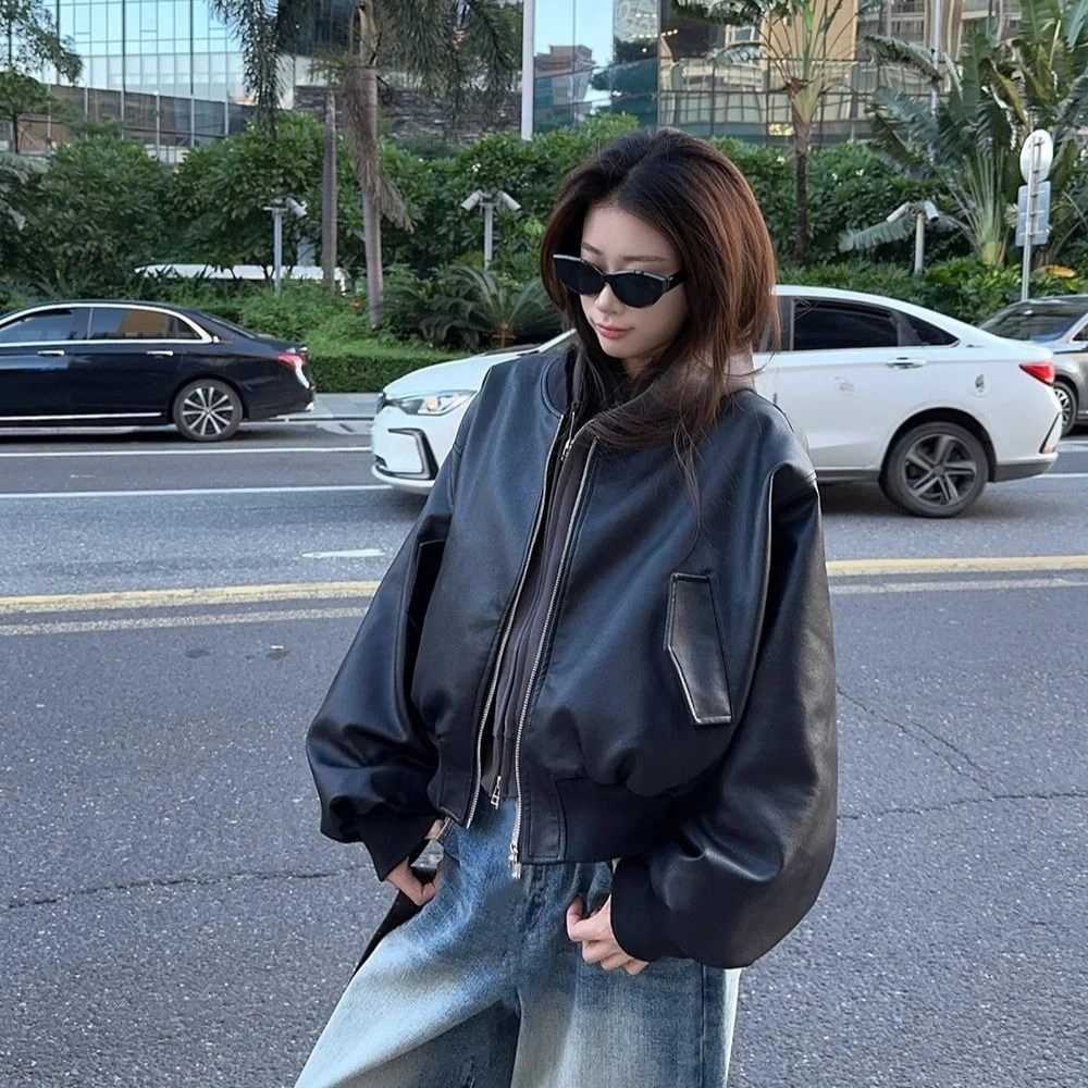 

Черная короткая куртка из искусственной кожи в стиле ретро, женская офисная куртка в пригородном стиле, 2025 г., новый модный дизайн, куртки-бомберы