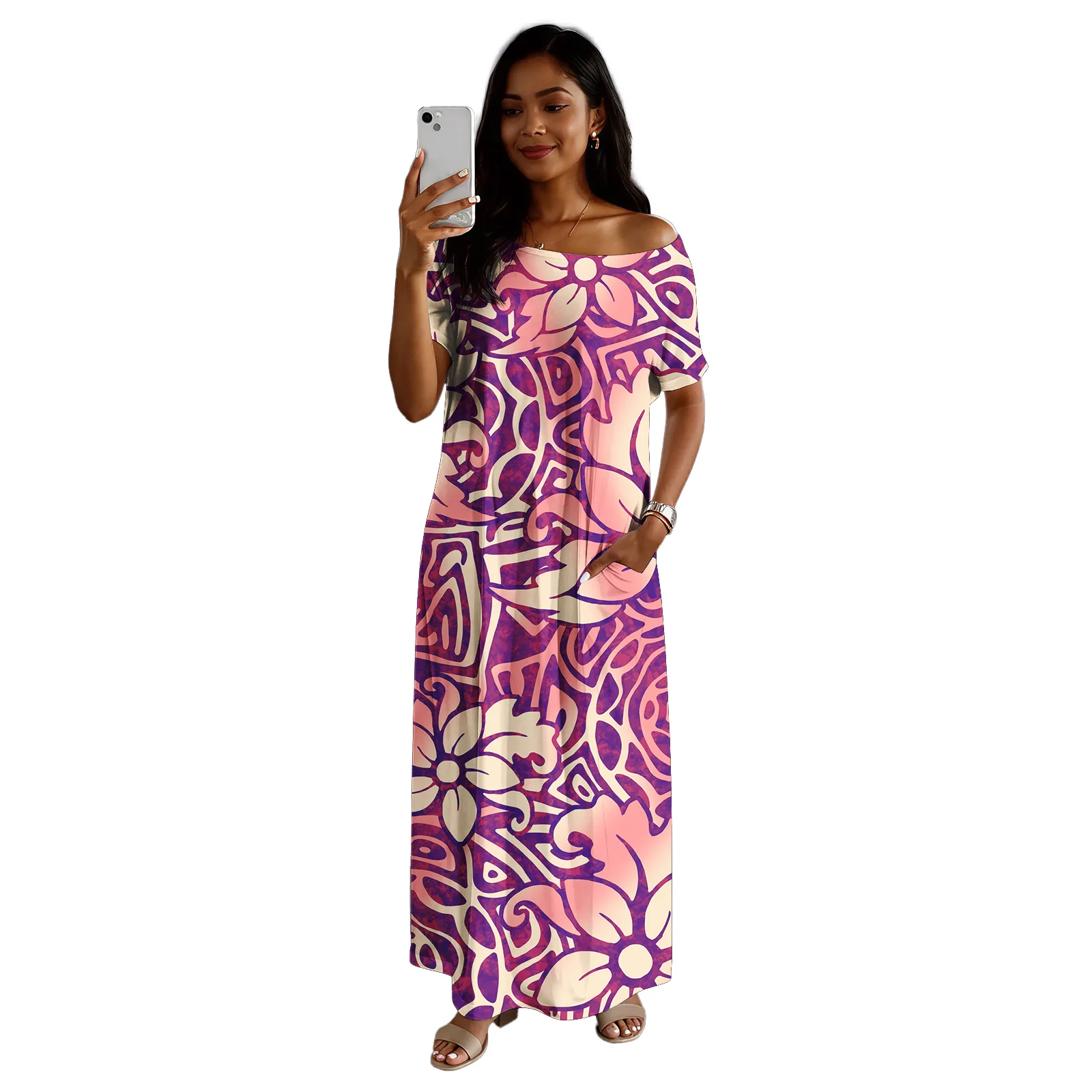 2026년 신상 디자인 맞춤 여성 의류 콜드 숄더 사모아 폴리네시아 캐주얼 여성 스커트 하와이안 여성 비치 드레스