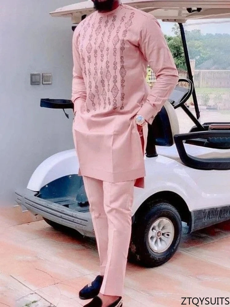 

Two Pieces Set Men African Suit Long Sleeve Round Collar Print Shirt Pants Africa Traditional Wedding Party Outfits Slim Suits