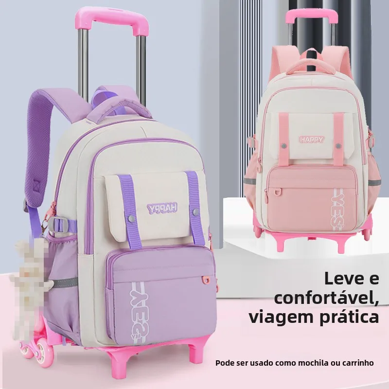 new-style-elementary-school-student-girls'-backpack-with-pull-rod-wheels-grade-3-6-luggage-bag-modern-cool-design-unisex