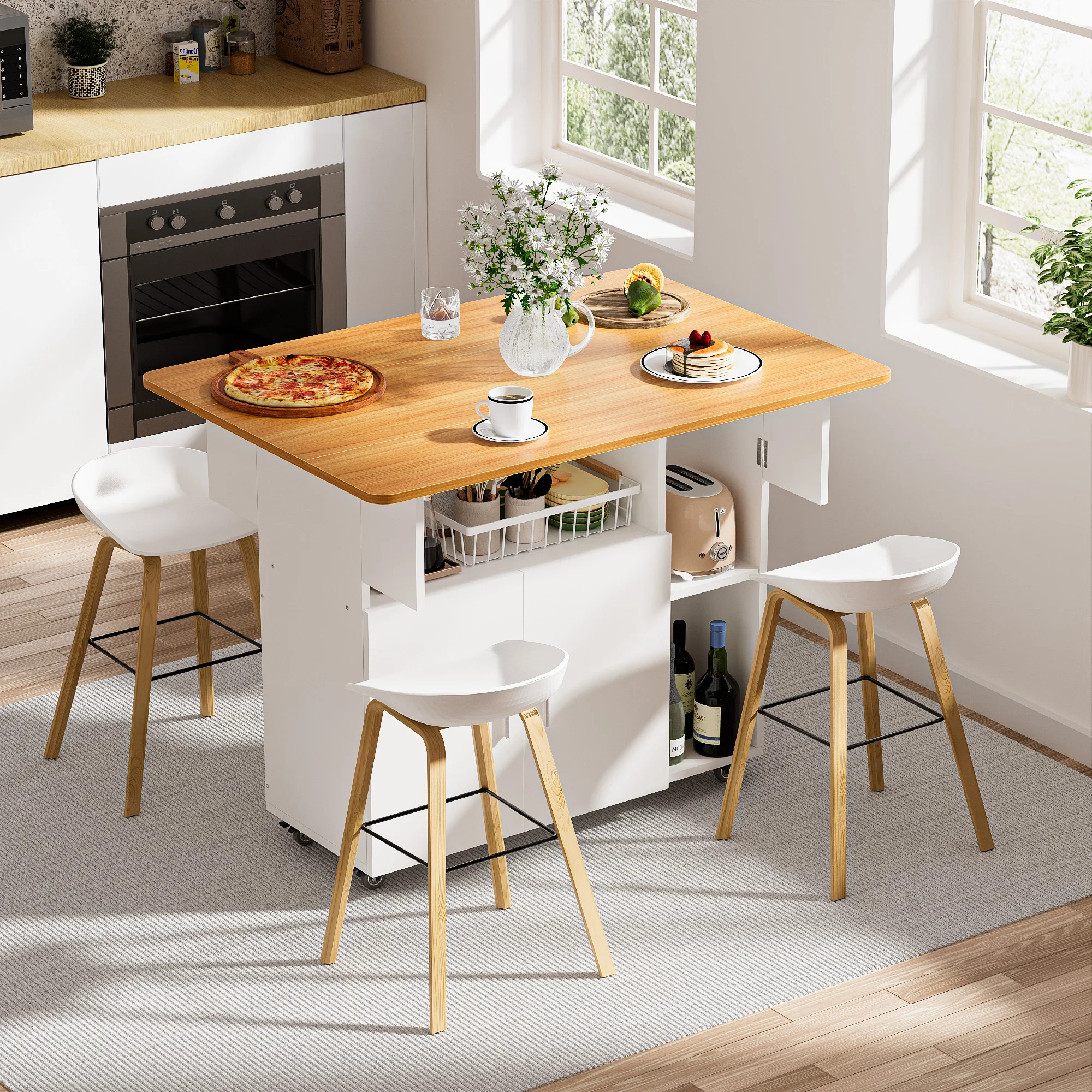 Mesa de Comedor Plegable Móvil con Gabinete de Madera y Estante Abierto para Cocina, Sala de Estar, Dormitorio, Mesa de Noche, Amarillo y Blanco