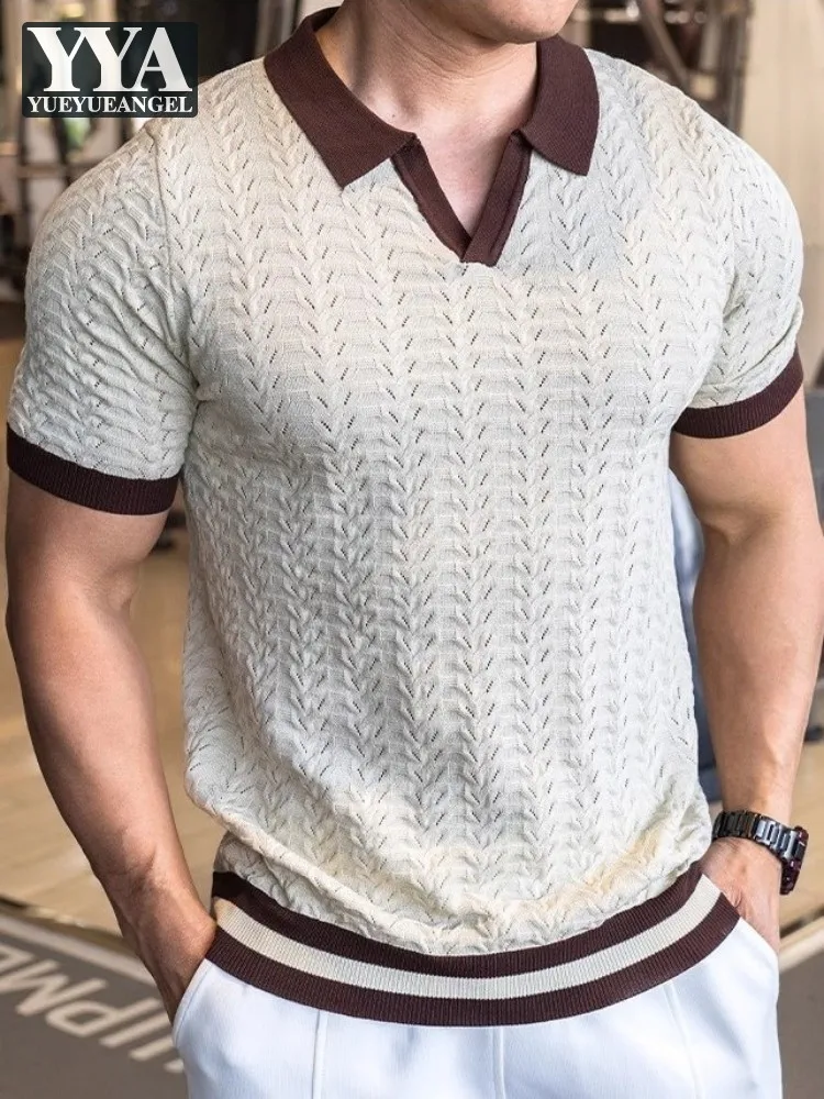 Summer Mens Knitted T-Shirt Mixed Colors Short Sleeveless Lapel Business Casual Pullover Tees Top Slim Fit Elastic T-Shirts Male