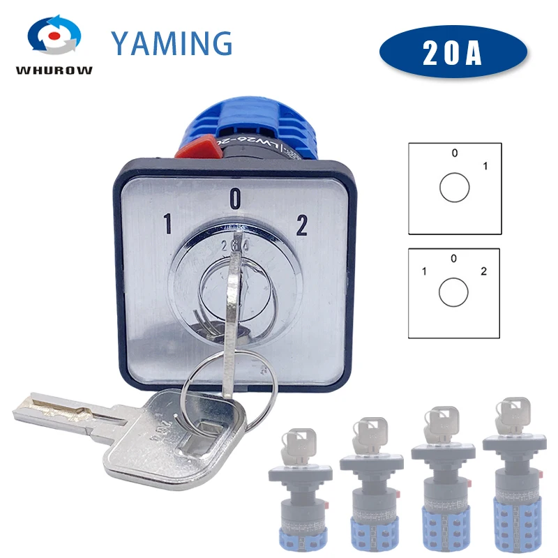Rotary Cam Switch LW26-20YS5 Single Hole Installation 22.3mm With Key Power Control Motor Changeover Selector 20A Silver Contact