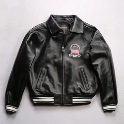 Chaqueta de cuero genuino para hombre, abrigo de béisbol clásico Vintage, bordado de alta calidad, gruesa piel de oveja de 1,8mm, FRANCÉS