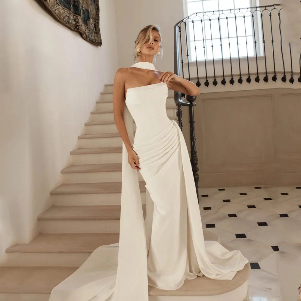 

MCDV lvory Crepe Wedding Dress Strapless Mermaid Pleated Simple Bride Dresses Women Simple Bridal Gowns With Train Customized