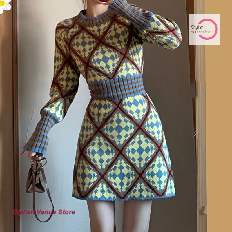 

French-style diamond-shaped pattern knitted dress women's waist in autumn and winter slim temperament bottoming sweater skirt