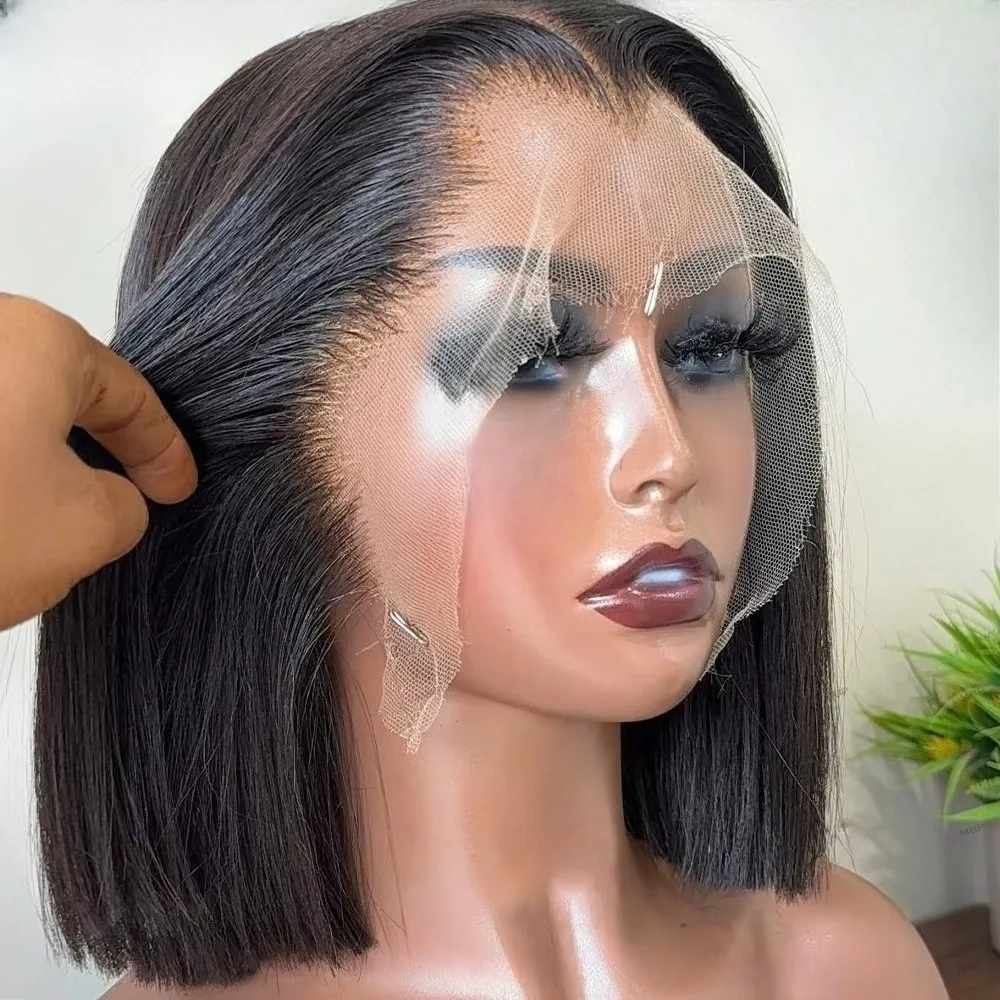 Bob Glueless HD 13x4 Synthetic Lace Front Wig Black Straight Preplucked M Shaped Hairline Wear And Go Tiny Knots Lace Wig Daily