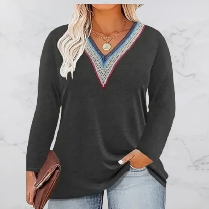 

Женская осенняя новая повседневная удобная футболка больших размеров с v-образным вырезом и длинными рукавами с принтом