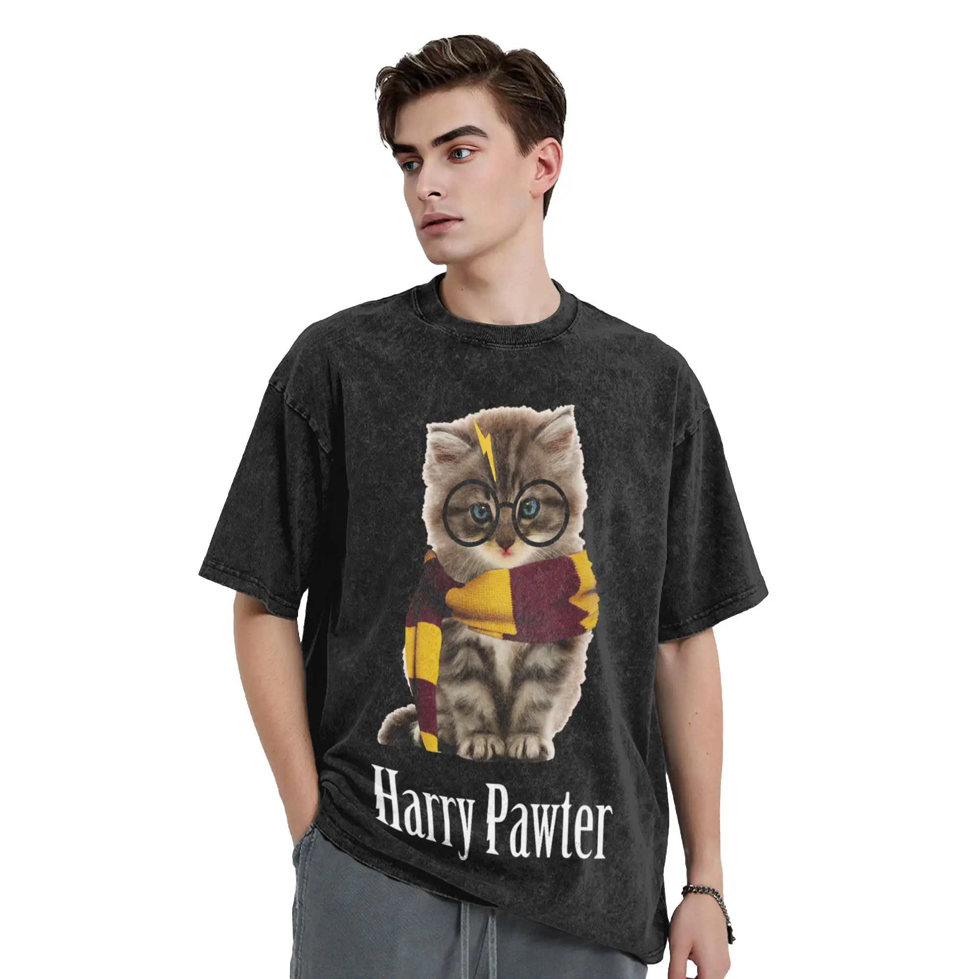 Camisetas Lavadas con Diseño de Gato Mágico con Gafas, Camisetas del Mundo Mágico de Harry Potter, Camisetas de Algodón Estilo Urbano para Hombre y Mujer