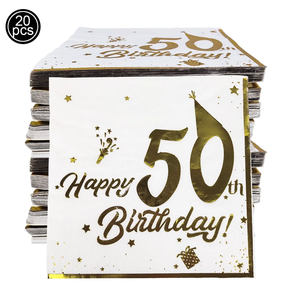 20 قطعة 18th 30th 40th 50th 60th حفلة عيد ميلاد المناديل الذهب الأبيض الزفاف الذكرى المناديل المتاح أدوات المائدة المناديل