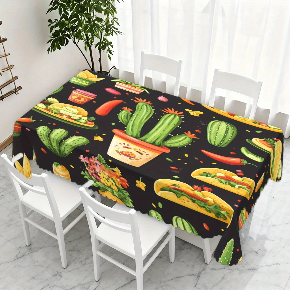 One Mexican cuisine-themed tablecloth, printed with patterns of tacos, chili peppers, sombreros and maracas.yzb