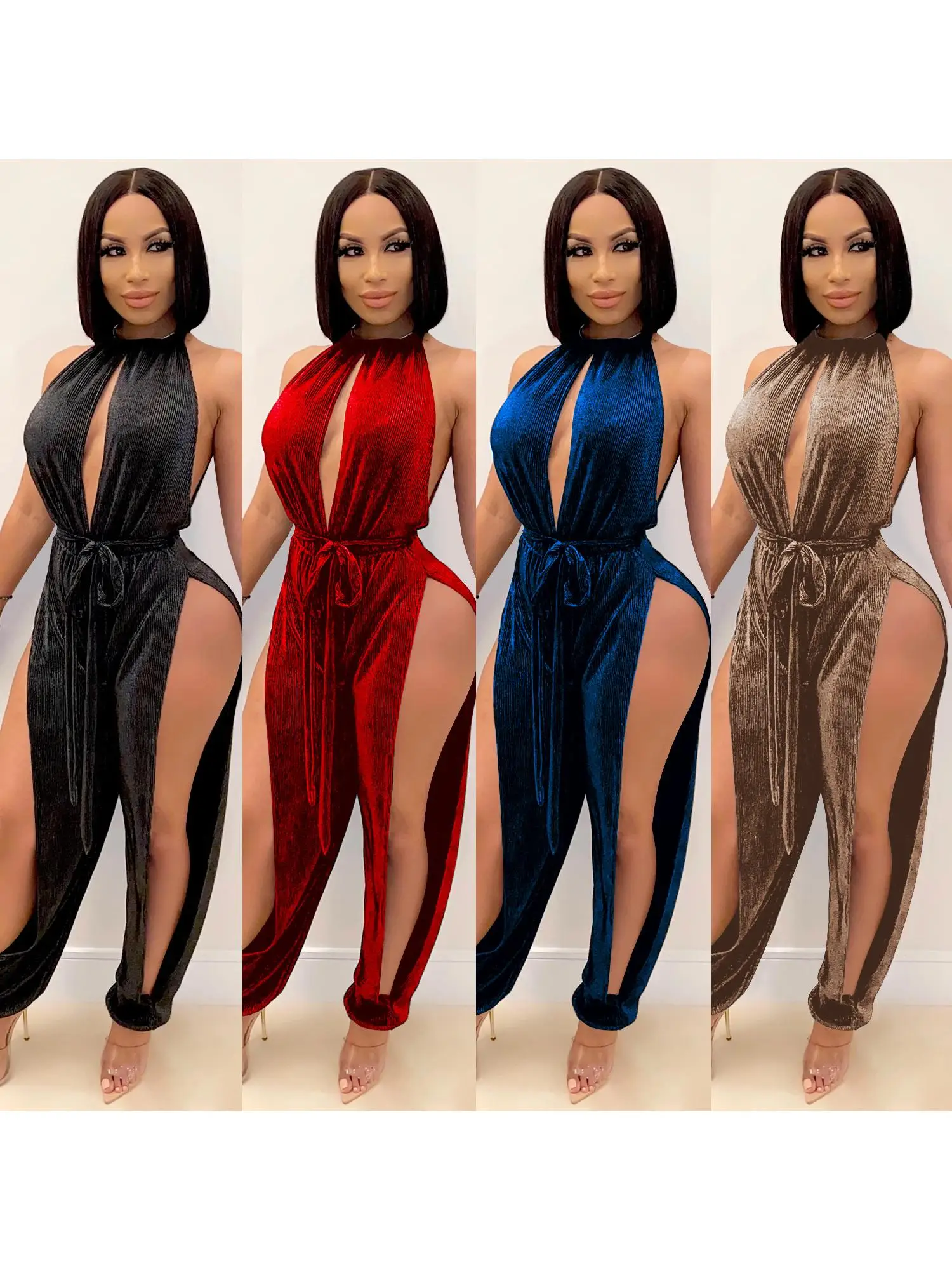 

Модный сексуальный новый женский комбинезон с поясом, эластичными вставками и разрезами, повседневные брюки макси из 100% тройного ацетатного волокна