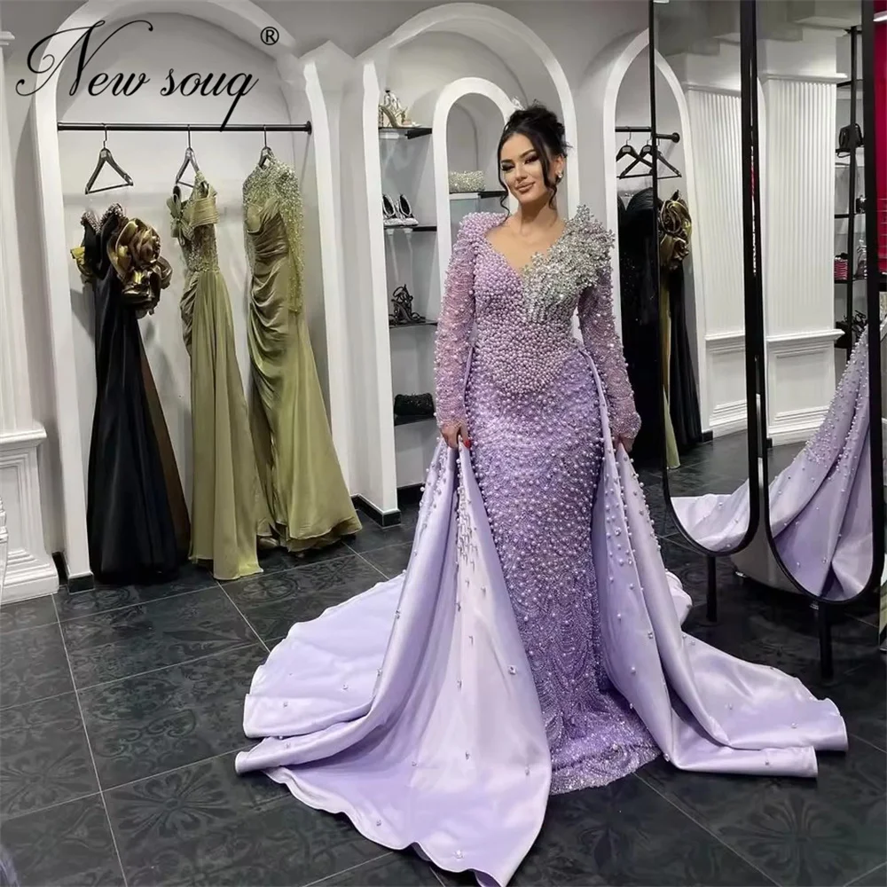 Elegant Purple Pearls Evening Dresses Overskirt Dubai Long Sleeves Beading Cocktail Prom Dress Wedding Party Gowns Customized