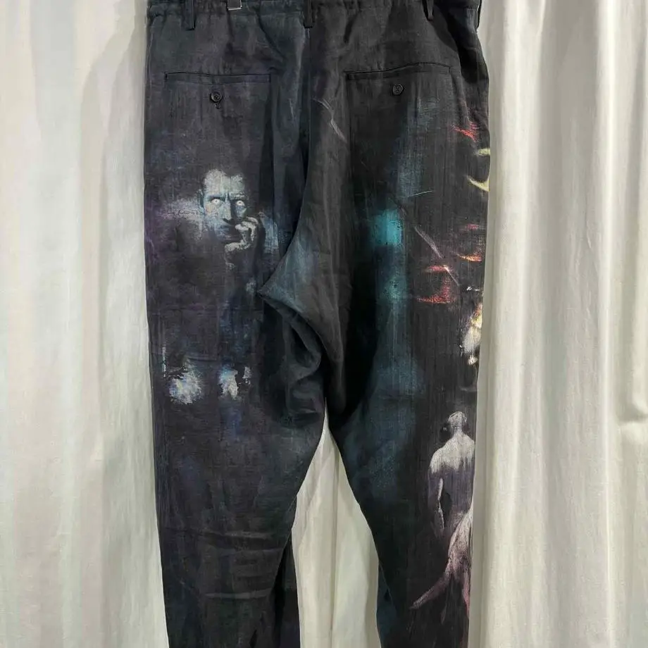 TOP-YAMAMOTO ® High Street Style Printed Casual Pants for Men - Loose Fit with Buckle Bottom - Black Heavyweight