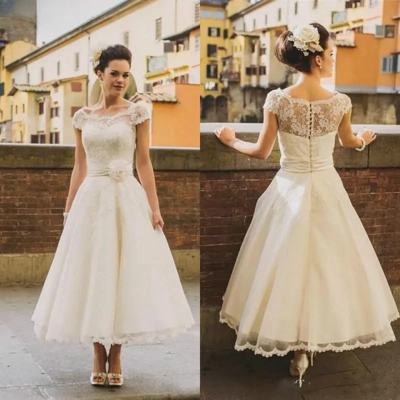 

Customized Vintage Ankle Length Wedding Dresses Cap Sleeve Jewel Neck Flower Belt A Line Lace Short Bridal Gowns Custom Made