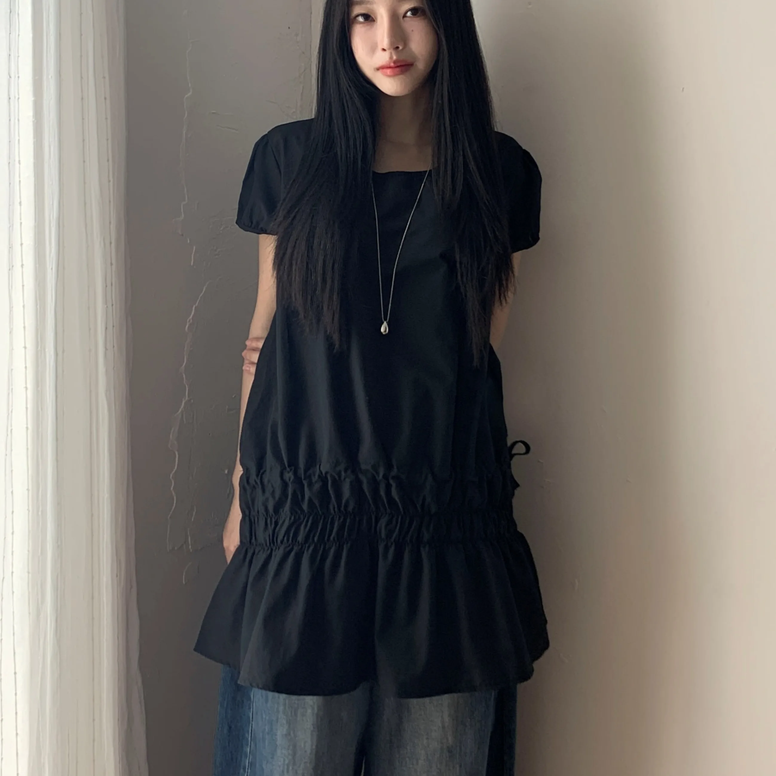 Sweet Japanese Style Women's Dress with Drawstring Elastic Design And Bubble Sleeves Commute Style Short Sleeve round Neck