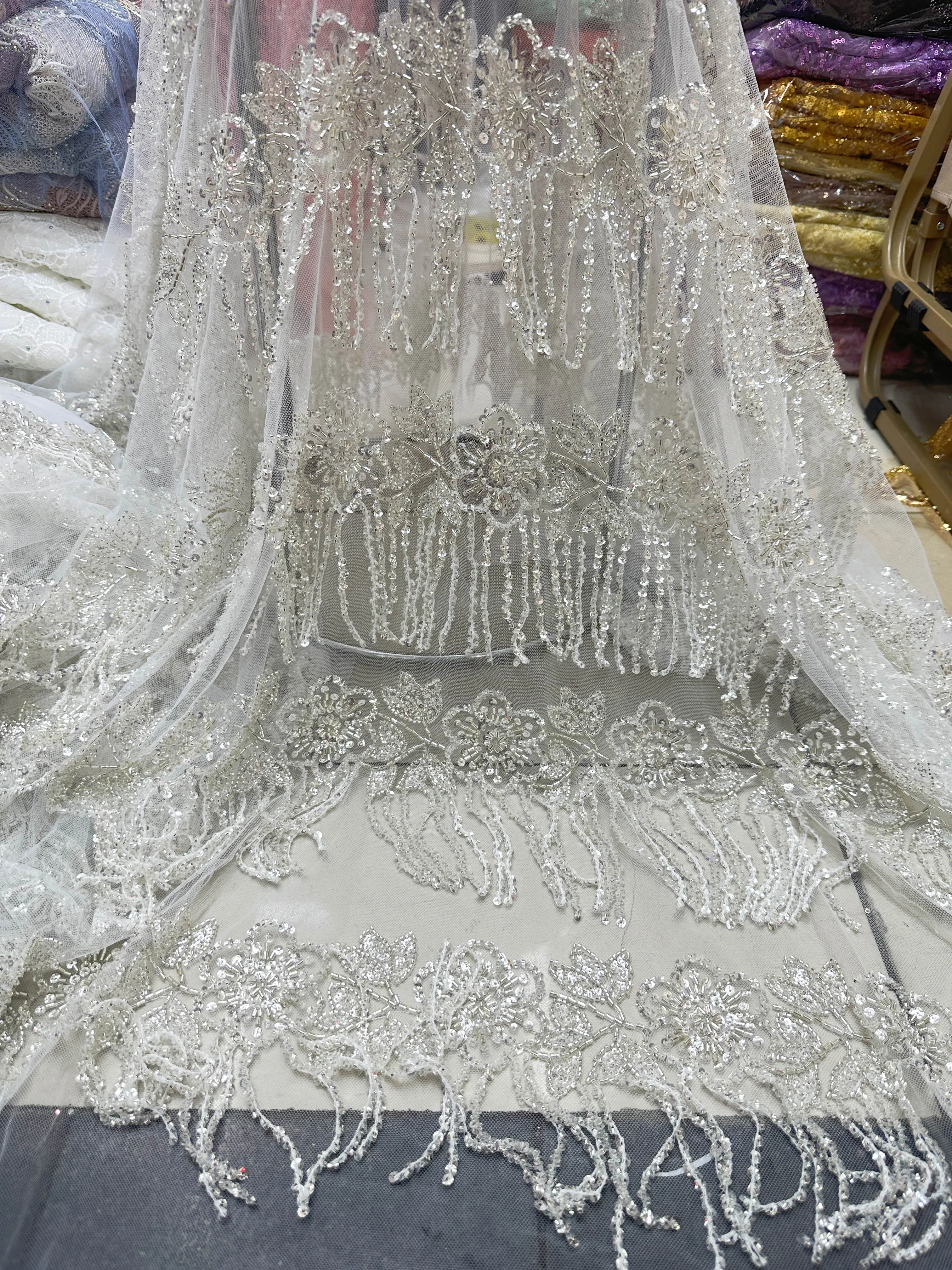 2024 terbaru kain renda payet Afrika bordir kualitas tinggi 3D manik-manik bunga Perancis renda jaring Nigeria untuk gaun pesta pernikahan