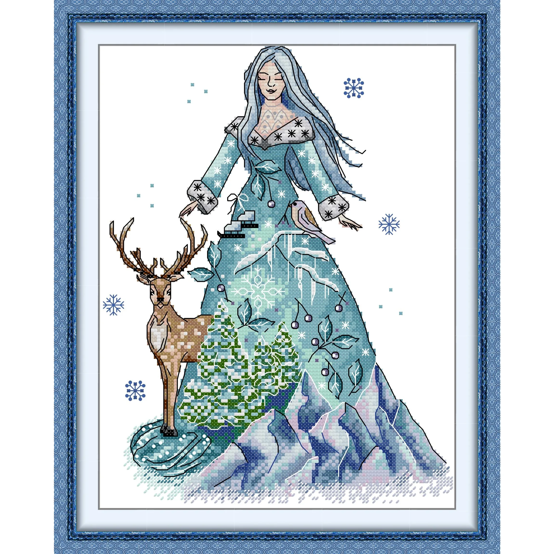Vorgedrucktes Kreuzstich-Set, gestanztes Aida-Gewebe mit DMC-Fäden, Stickerei-Set - Mädchen der vier Jahreszeiten - Winter