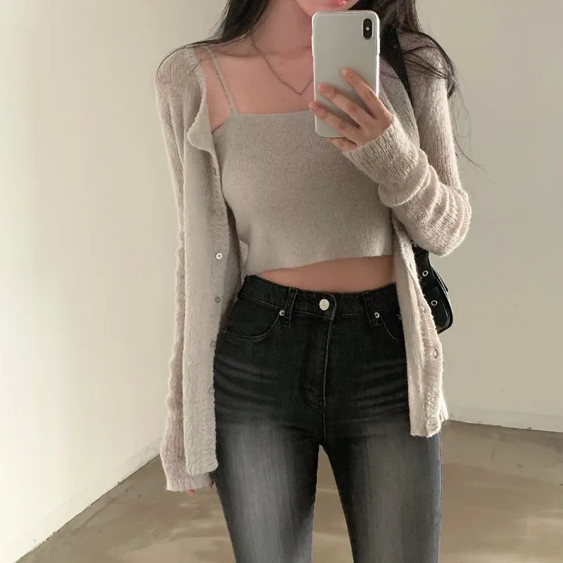 2024 Woman Cardigan Long Sleeve Ropa Mujer Round Neck Outerwears Single Breasted Sweater Autumn Simple Cardigans with Camis