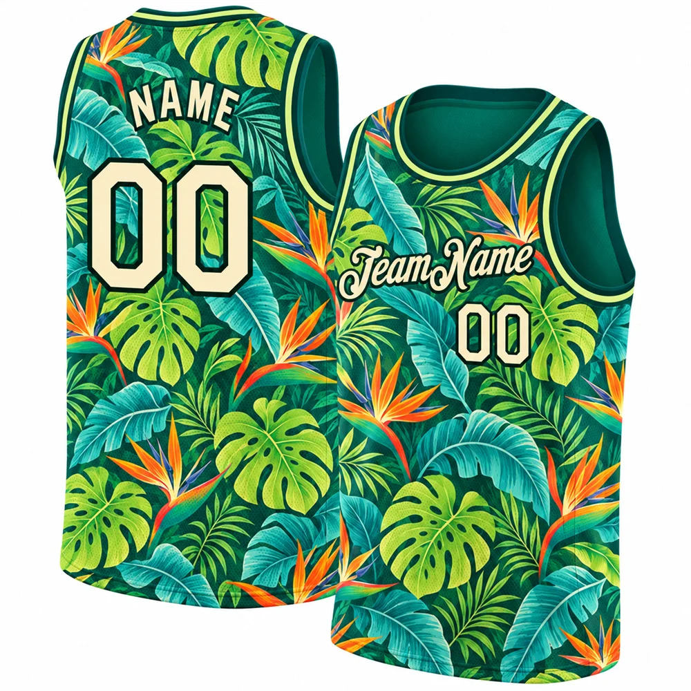 Hawaiian Floral Basketball Jersey Custom Name Number Team Name for Men 3D Print Hibiscus Ocean Waves Surfboard Sleeveless Vest