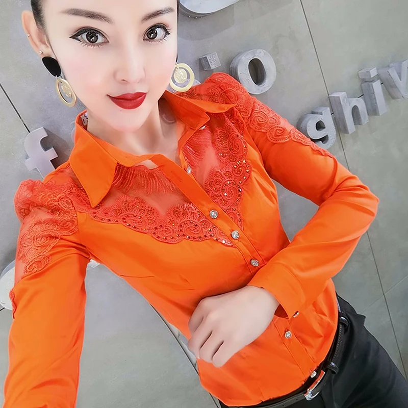 Elegant Women Long-sleeved Lace Blouse New fashion Stitching Cotton shirt Slim Single-breasted Hot drilling OL Tops