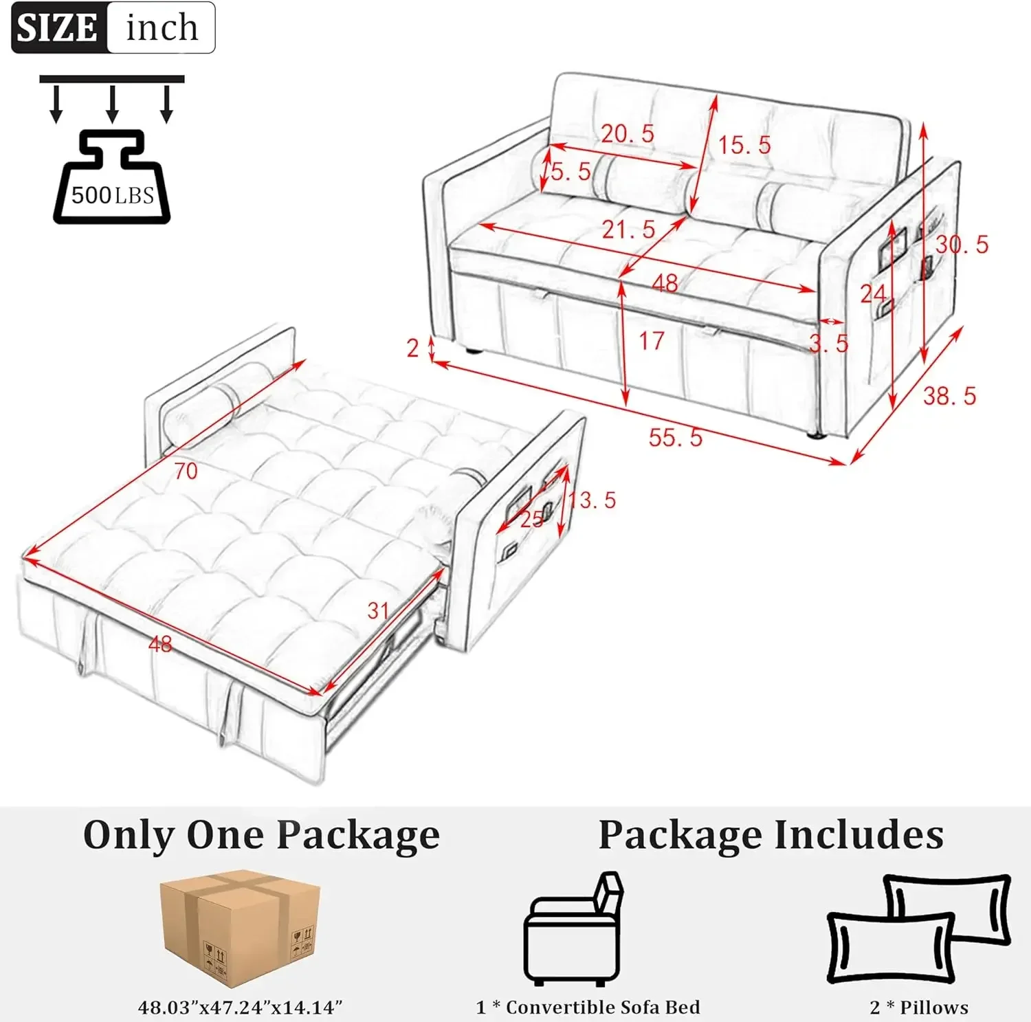 3 in 1 Pull Out Convertible Sofa Bed - 55