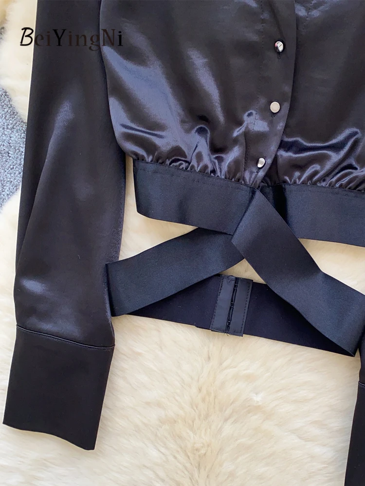 Beiyingni Camicie eleganti in raso di lusso per le donne Design Sexy Patchwork di pizzo Bottoni Fasciatura incrociata Crop Top Donna Camicette coreane